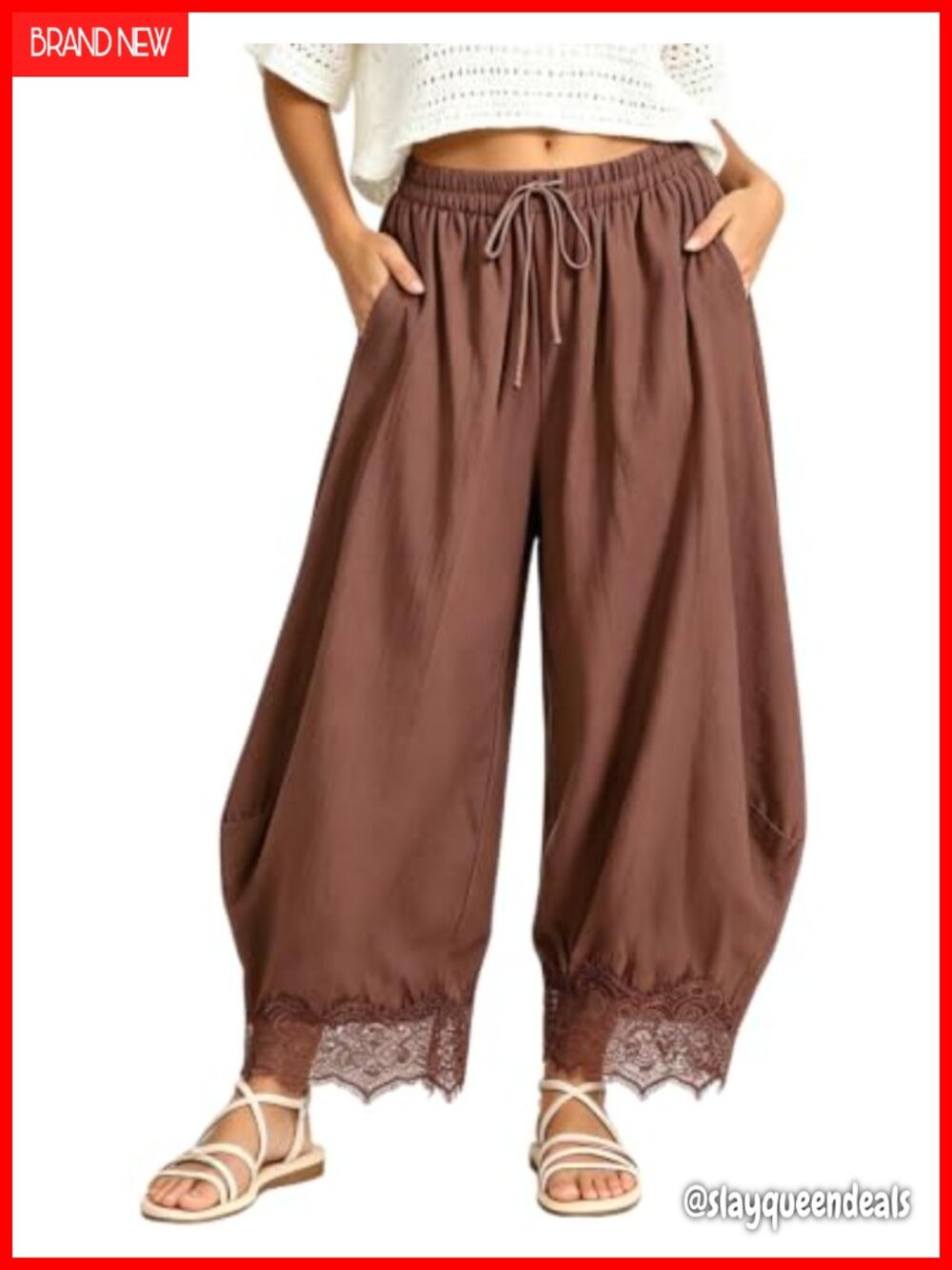 Women's Cropped Lace Hem Wide Leg Palazzo Pants High Waist Flowy Trousers